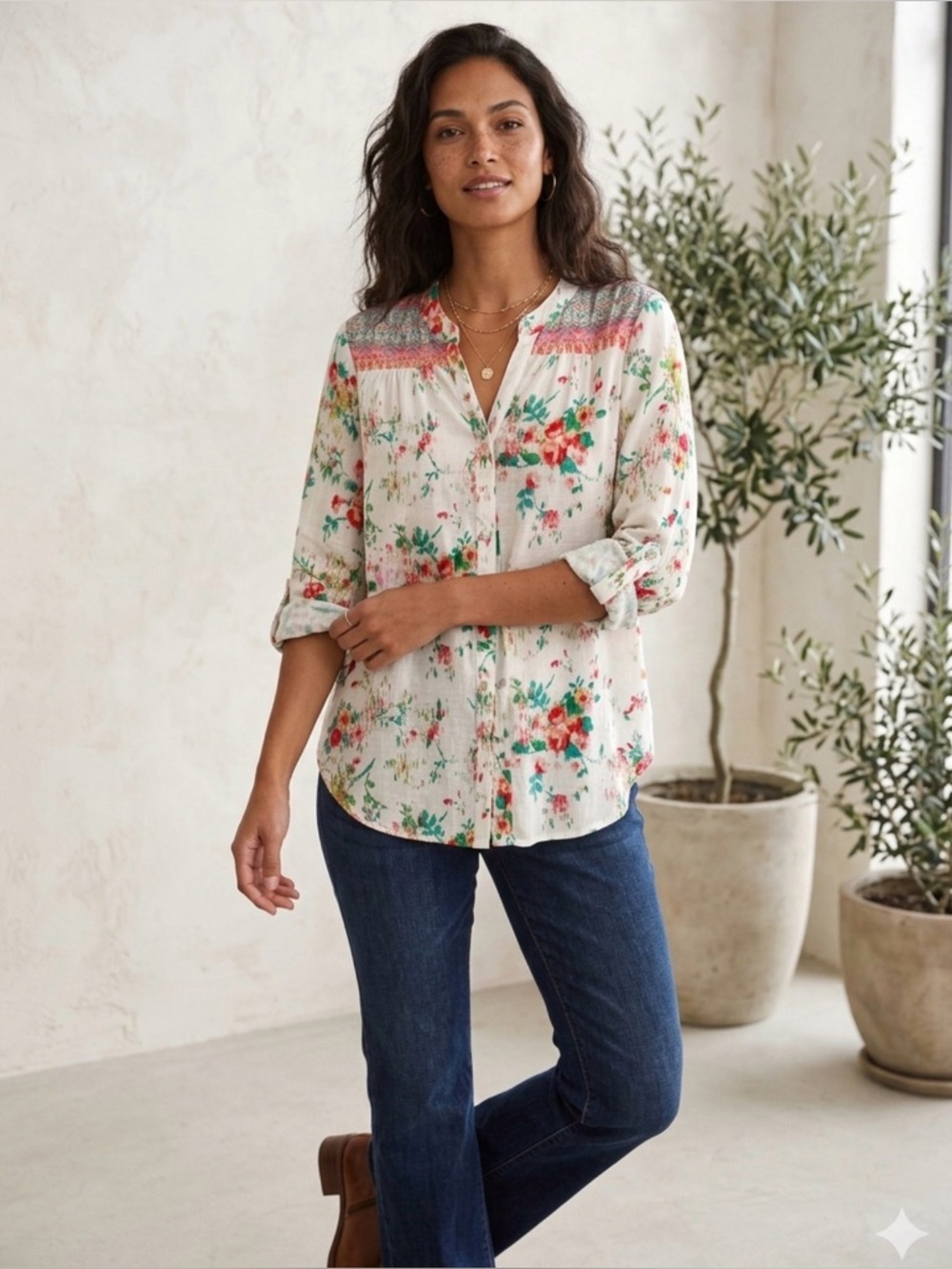 Cream Floral Button-Front Blouse